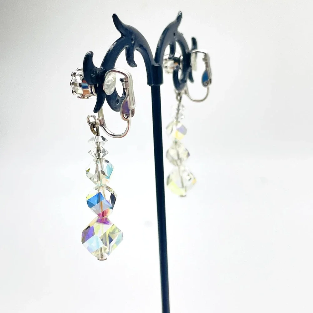 Vintage Dangle Earrings AB Aurora Borealis Clip On Silver Tone Faceted Beads